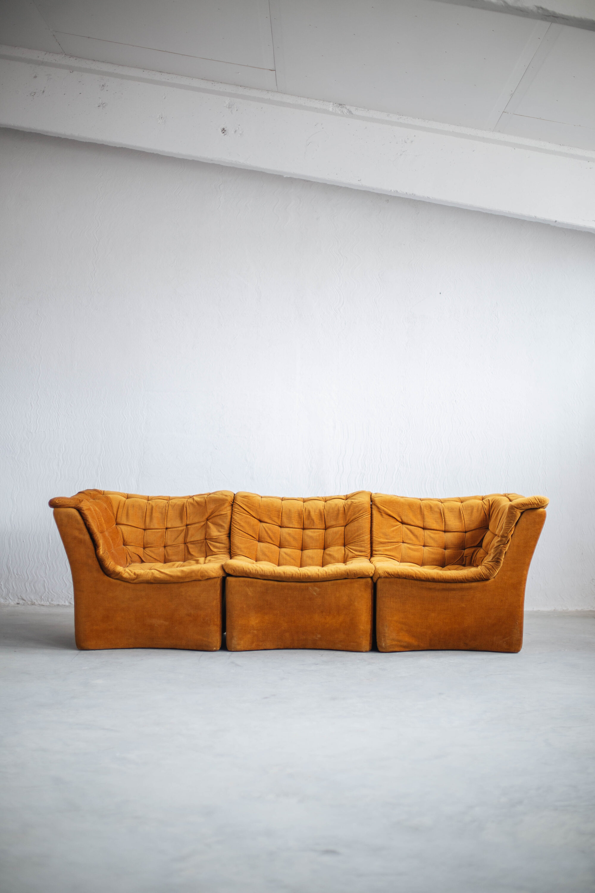 Mid-Century Dark Yellow Ochre Velvet 1970s Modular Sofa
